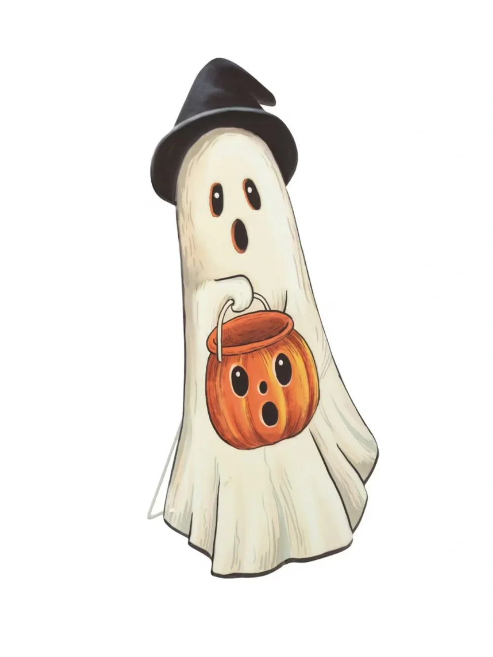 NWT- 23” White Ghost Witch w/ Orange Pumpkin Pail- Metal Easel Stand Porch Sign